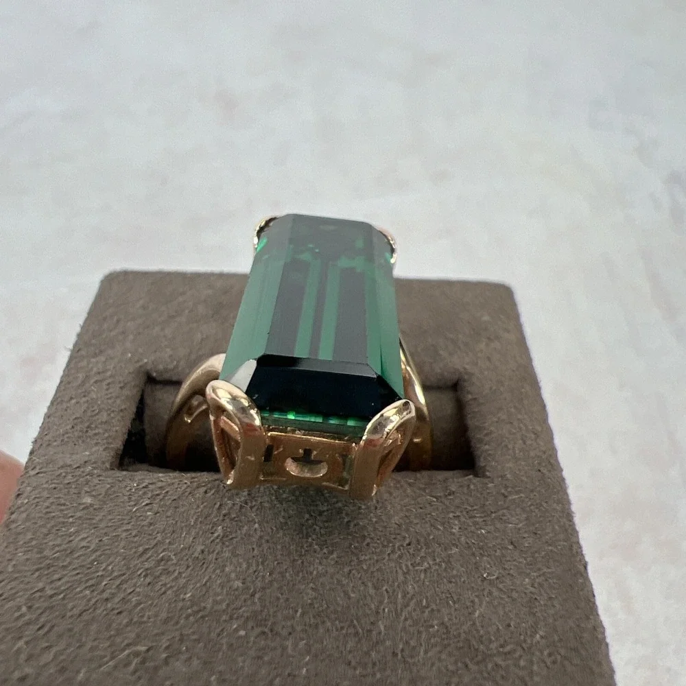 13.5ct Emerald Cut Green Tourmaline Ring 14K Yellow Gold Large‎ Estate Cocktail